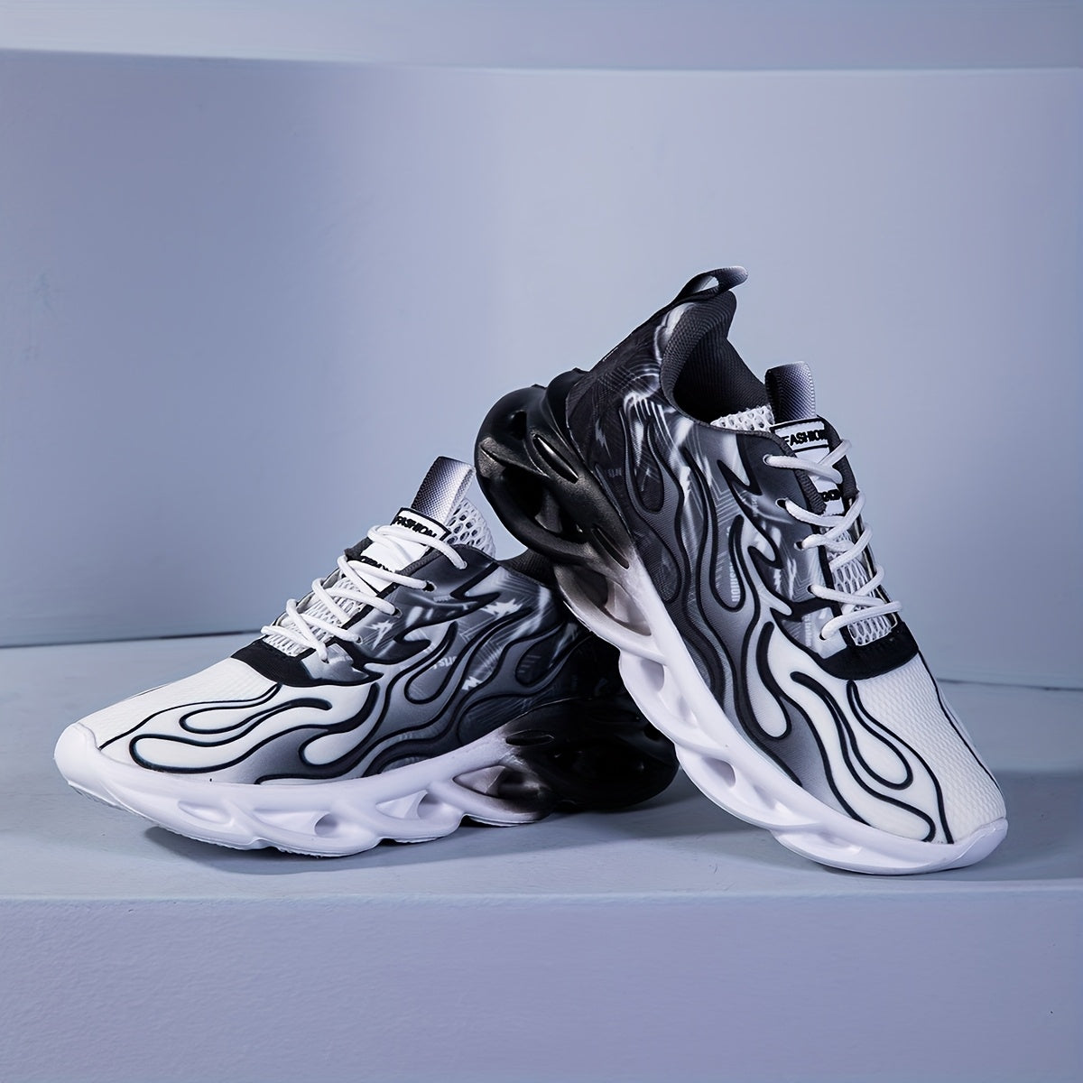 Casual Road Sports Shoes: Gradient Flame Printed Sports Shoes, With Hollow Breathable Soles