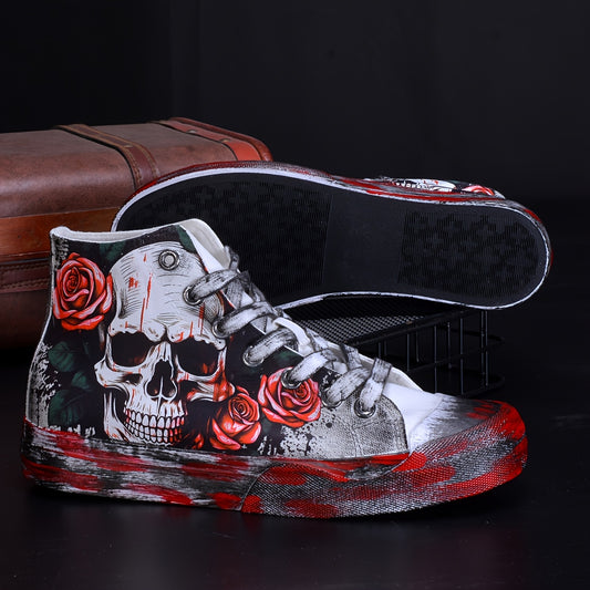 Halloween Horror Style Skull and Red Rose Pattern  Graffiti Distressed High-Top Canvas Shoes, Streetwear Trend Unisex Casual Canvas Sneakers